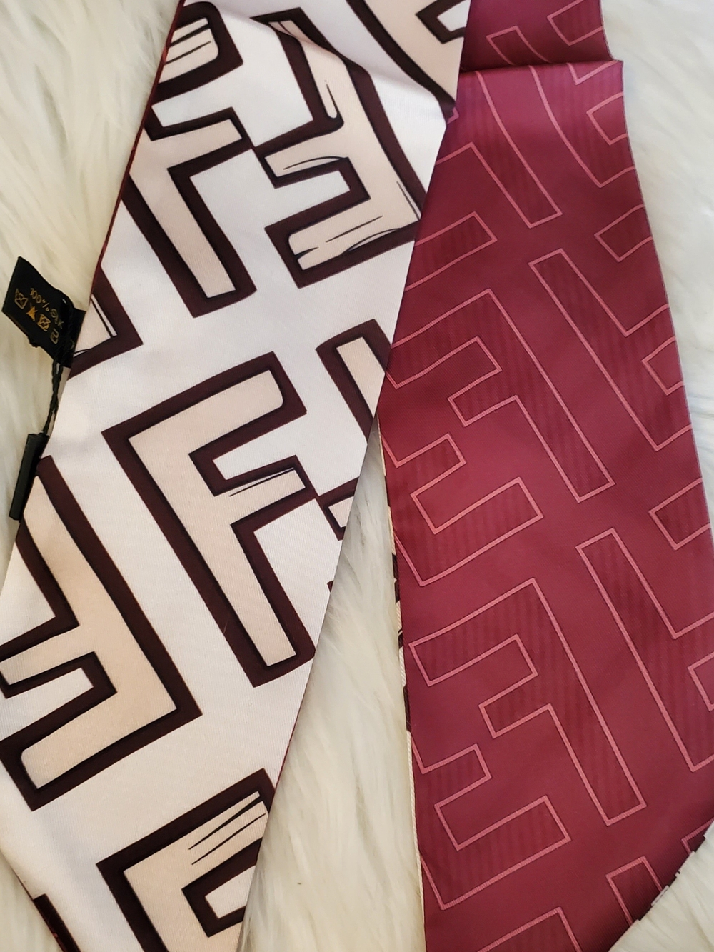 100% Silk Bag Twilly, Scarf - Burgundy and Cream